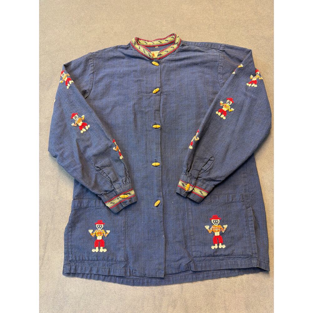 Vintage Mayan Modern Hand Woven Shirt Blouse Womens M Blue Embroidered